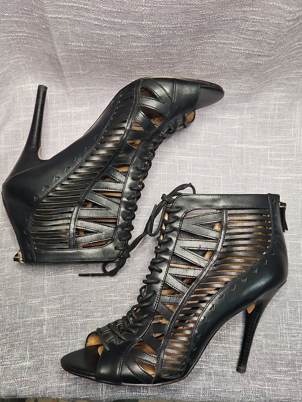 Nine West Angelica Black Leather Caged Lace-Up Heels